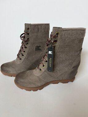 Sorel Womens 9 Lexie Wedge Boot Khaki II NL3778-297 NEW Lace Up Waterproof Brown